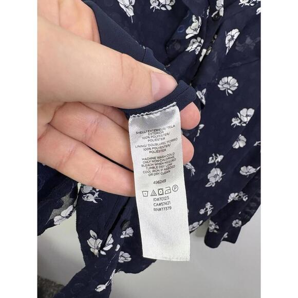 Ann Taylor Top Womens Large Ruffle V Neck Button Up Sheer Sleeve Navy Floral - Picture 4 of 11